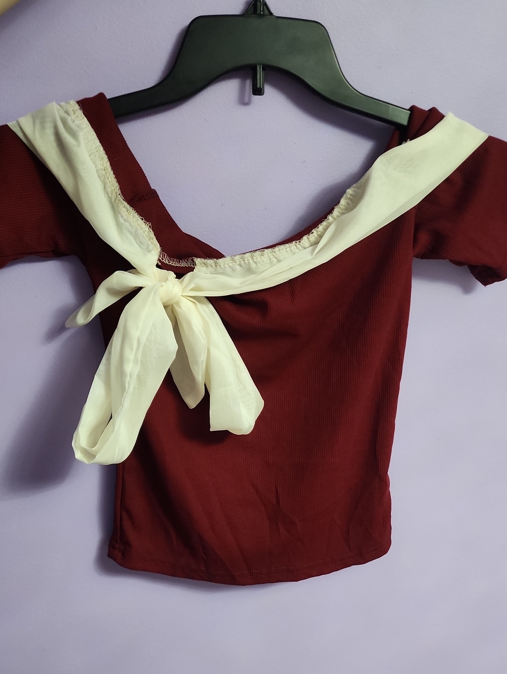Women's Maroon Scoop Neck Top with Cream Scarf Detail